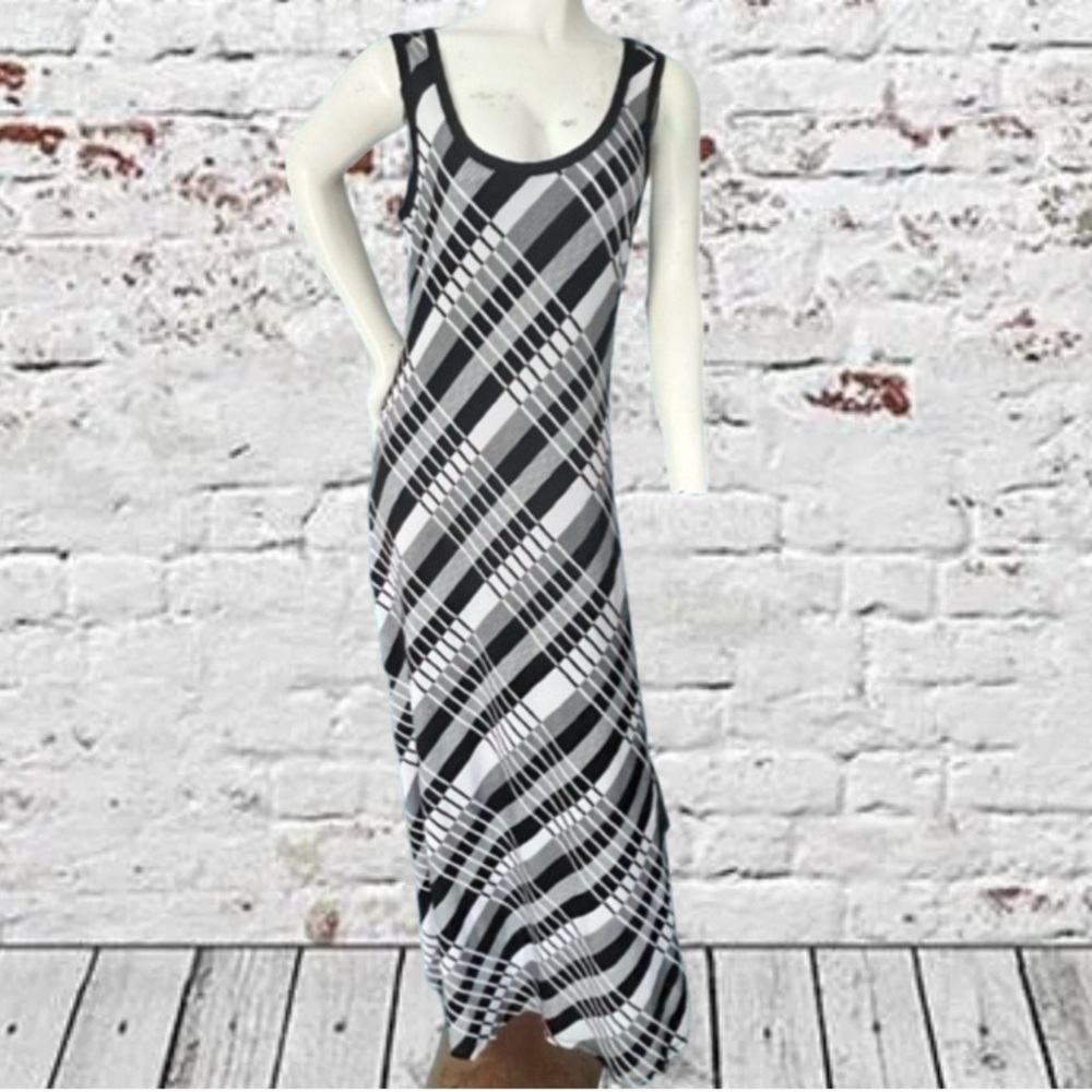 Calvin Klein 10P Black White Plaid Maxi Dress Petite Sleeveless Stretch